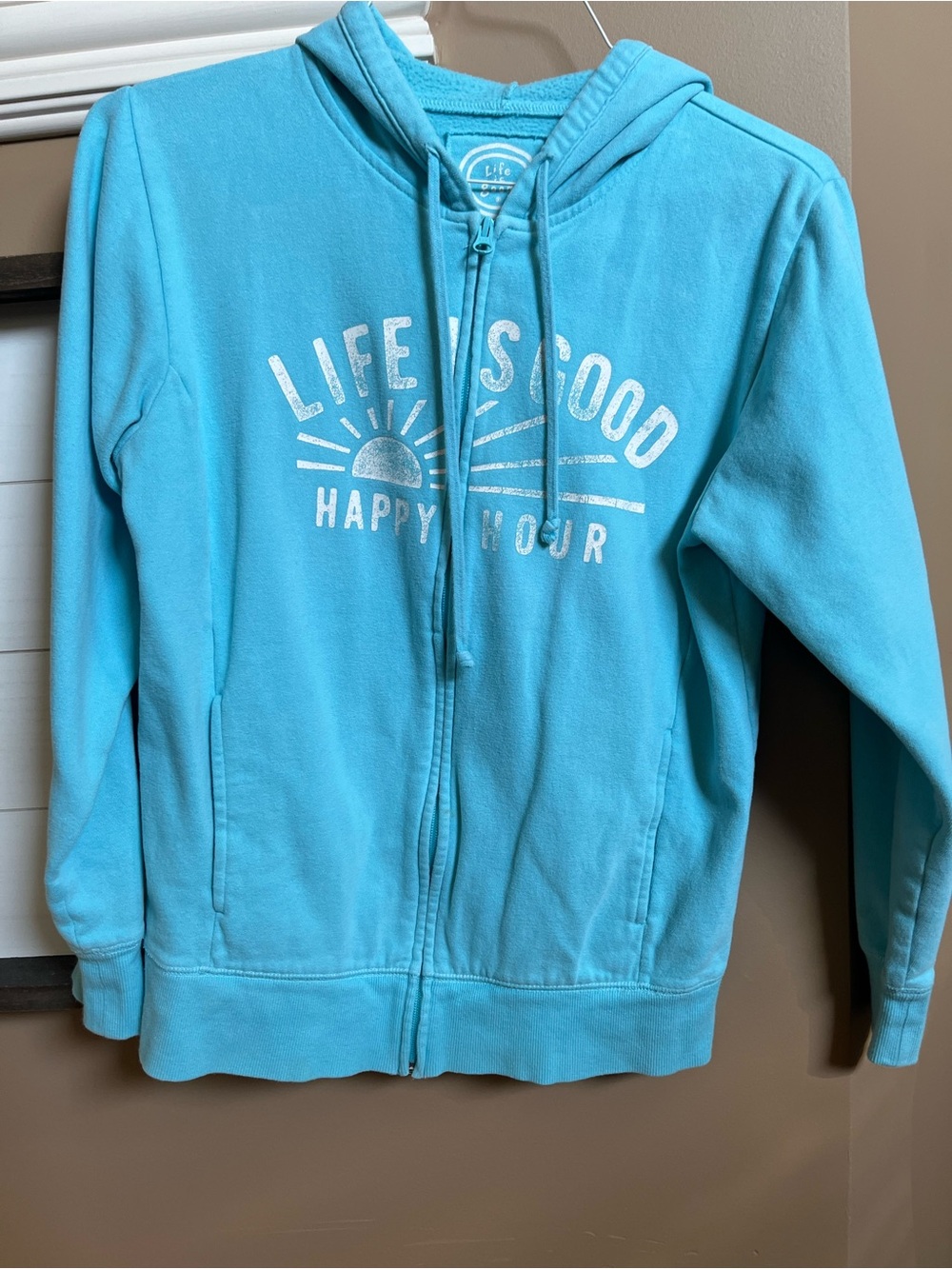 Life Is Good Turquoise Zip-Up Hoodie with White 'Life Is Good' Sun Graphic